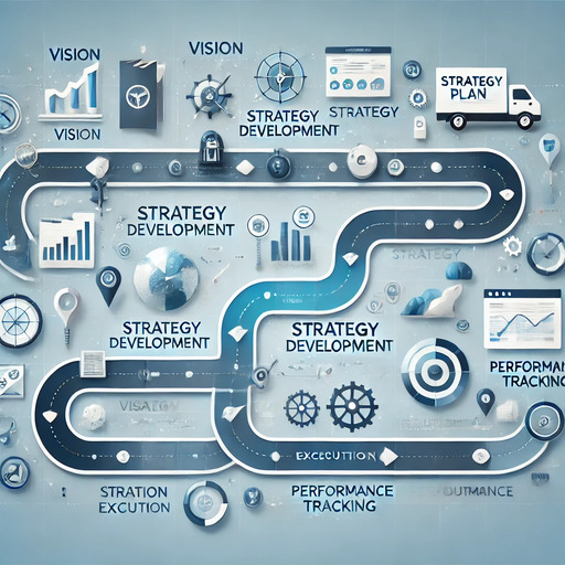 A visually engaging business roadmap illustration, showing a strategic plan's journey from inception to execution. The roadmap includes key milestones