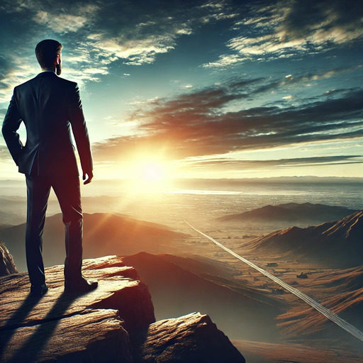 A business leader standing on a high vantage point, gazing towards a distant horizon at sunrise. The scene symbolises vision.